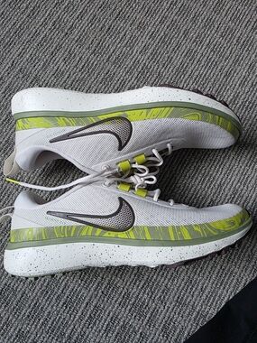 Nike White and Volt Women's Athletic Running Shoes with Gray Swoosh